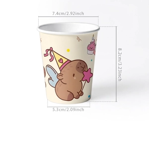 Detailed view of Capybara party paper cup showing precise size dimensions and 10-pack count