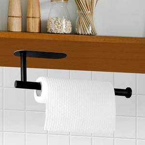 Black stainless steel under cabinet paper towel holder with minimalist mounting design