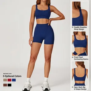 Set reggiseno sportivo e pantaloncini a vita alta blu navy con schiena a U elastica
