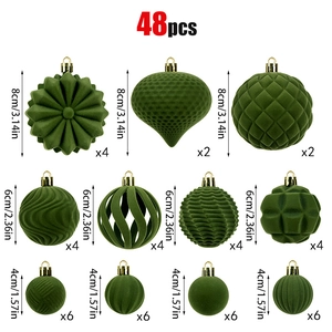 48pcs green flocked Christmas ball ornaments set in varied sizes and elegant shapes