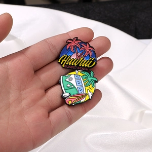 Hawaii beach sunset and vintage surfing bus enamel pins set for summer vacation