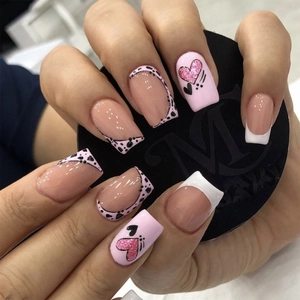 French Tip Press On Nails Long Square Pink Glitter Heart Black Polka Dot Glossy False Nails For Women
