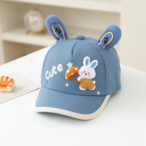 Blue baby baseball cap with bunny ears and cute cartoon rabbit for summer sun protection