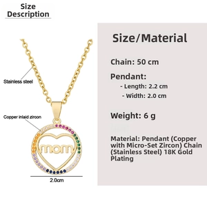 Detail view of 18K gold plated Mom heart pendant with colorful cubic zirconia and dimensions