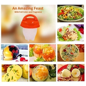 Collage of red silicone egg cookers showing various cooked egg dishes and salads