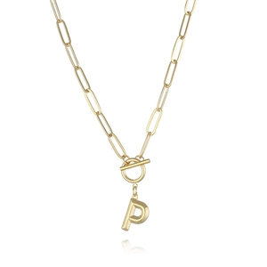 Detailed close-up of 18K gold-plated letter P pendant on a toggle clasp paperclip chain