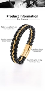 Detail of 21cm multi-layer black braided leather bracelet with gold magnetic steel clasp