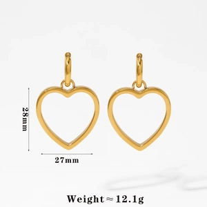 Detailed view of gold heart earrings with size 28mm x 27mm and 12.1g weight info