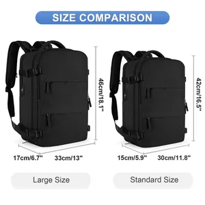 Size chart showing large and standard dimensions for the women's travel backpack