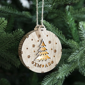 Wooden Christmas hanging ornament with LED light and Xmas carving on pine branches