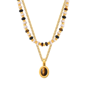 Maillard style double layer stainless steel necklace with beads and tiger eye pendant