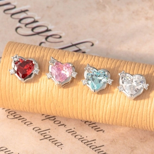 Star heart zircon screw earrings in silver finish with colorful heart-shaped gems
