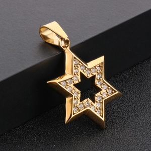 Macro shot of 18K gold plated hex star pendant with sparkling diamond embellishments