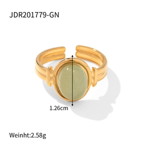 Detail view of oval green gemstone on a gold-plated stainless steel open ring