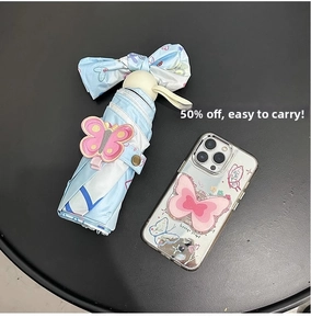 Compact light blue five-fold umbrella with pink embroidered butterfly and bow handle