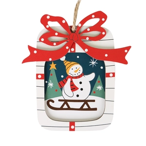 Décoration de Noël suspendue en bois avec bonhomme de neige et nœud à pois rouges