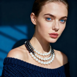 Three-layer faux pearl necklace with white to dark grey gradient on a model