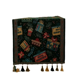 Christmas table runner with green jacquard pattern, gift box prints and tassels