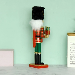 30cm Christmas nutcracker soldier in red and green plaid uniform holding gift boxes