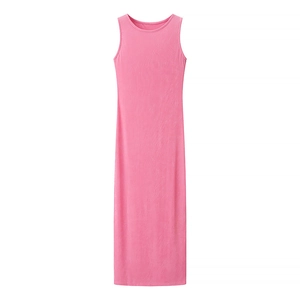Detailed view of pink sleeveless maxi dress with round neck and smooth knit texture
