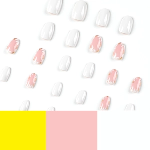 Short oval press-on nails with white glossy finish and pink gold foil leaf art designs