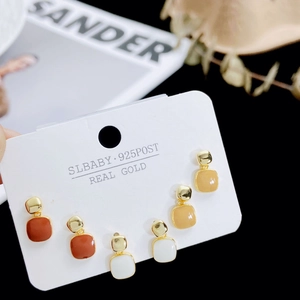 Three-pair geometric enamel earring set with 925 silver posts and real gold plating