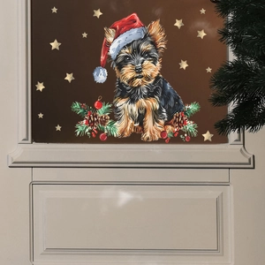 Detailed close-up of Christmas dog window sticker featuring festive stars and pine branch decor