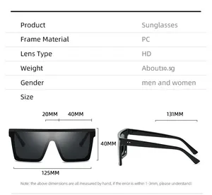 Tableau des tailles détaillé pour lunettes de soleil surdimensionnées avec dimensions du cadre