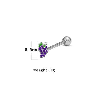 Cute fruit strawberry piercing stud with purple enamel grape design in 8.5mm size