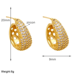 Detailed view of 18k gold plated earrings with white zircon size specs 20mm by 9mm