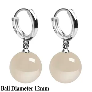 Minimalist S925 silver agate hoop earrings with 12mm white beads on white background