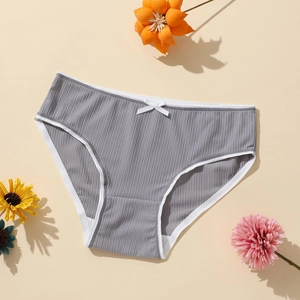 Close-up of gray ribbed polyester panties with white lace trim and bow detail
