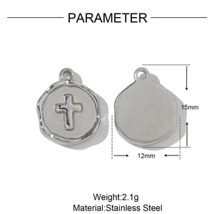 Technical dimensions of 15mm stainless steel cross pendant showing size and weight specs