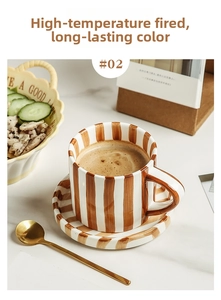 Detail of hand-painted ceramic mug with brown vintage stripes showing heat resistance