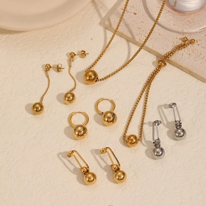 Minimalist 18k gold and silver stainless steel ball jewelry set with earrings and necklace