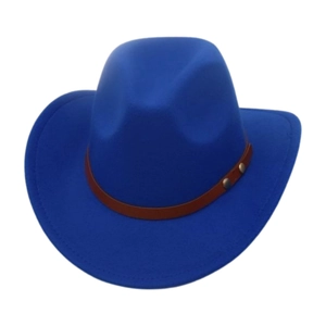 Bright blue wool felt Western cowboy hat with brown leather band and metallic studs