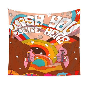 Detail of wall tapestry featuring retro psychedelic art and Wish You Were Here slogan