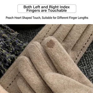 Beige knit touchscreen gloves for women featuring heart-shaped fingertip sensors