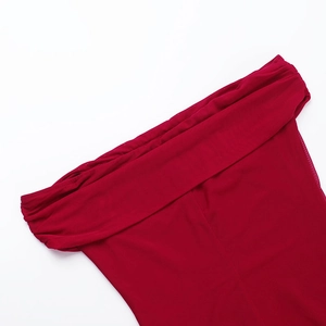Close-up of dark red off-shoulder fold design on sexy slim mesh knit dress for women