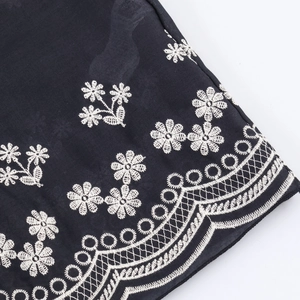 Elegant navy blue maxi dress with white floral embroidery and puff sleeves for women