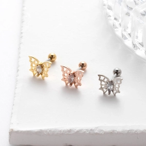Minimalist hollow butterfly cartilage stud earrings with cubic zirconia in three colors