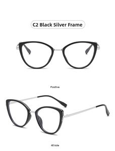 Cat-eye glasses with black frames and silver metal temples in front and 45-degree views