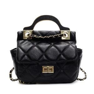 Elegant black quilted handbag with gold clasp and chain strap on a white background