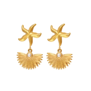 Golden starfish and shell drop earrings with white pearls for summer ocean fashion jewelry