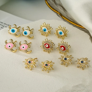 Evil Eye Stud Earrings With Copper Earring Post 18K Gold Plated Zircon Enamel Geometric Jewelry For Women