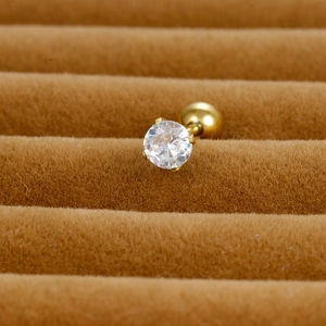 Gold stainless steel stud earring with round AAA zircon in 4-prong setting with ball back