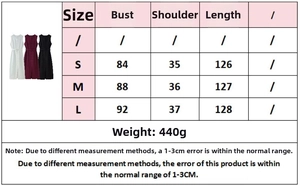 Detailed size chart for sleeveless single-breasted dress showing S to L dimensions