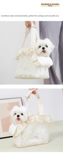 Close-up of white lace pet carrier bag with ruffled edges and floral embroidery detail