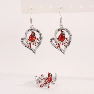 Hollow heart cardinal earrings and branch ring set in silver with red enamel finish