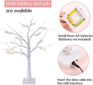 LED birch tree lamp detail showing dual USB and battery power supply options